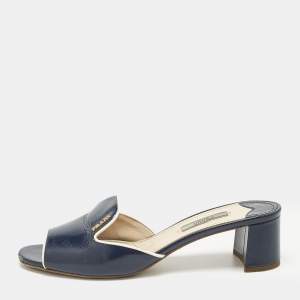 Pre Owned Prada Navy Blue Saffiano Leather Slide Sandals Size 38.5