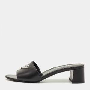 Pre Owned Prada Black Leather Triangle Logo Slide Sandals Size 39.5
