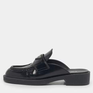 Pre Owned Prada Black Brushed Leather Logo Mules Size 39
