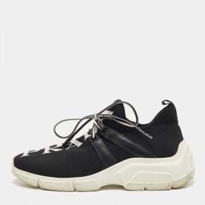 Pre Owned Prada Black Knit Fabric and Leather Lace Up Sneakers Size 35