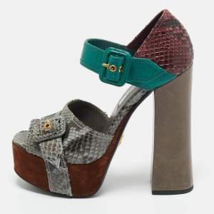 Pre Owned Prada Multicolor Python and Leather Ankle Strap Platform Sandals Size 37.5