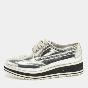 Pre Owned Prada Silver Patent Leather Derby Sneakers Size 37