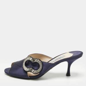 Pre Owned Prada Navy Blue Satin Crystal Embellished Slide Sandals Size 38