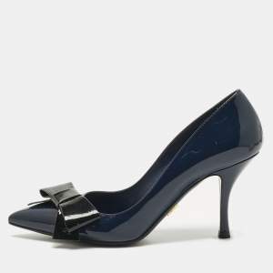 Pre Owned Prada Navy Blue/Black Patent Leather Bow Pointed Toe Pumps Size 38
