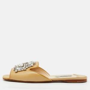 Pre Owned Prada Beige Saffiano Patent Leather Crystal Embellished Flat Slide Sandals Size 37