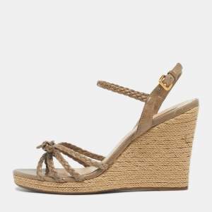 Pre Owned Prada Grey Leather Braided Basket Weave Wedge Sandals Size 40
