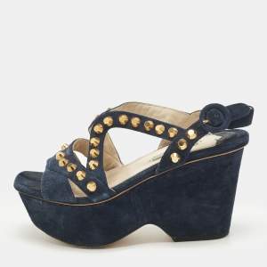 Pre Owned Prada Navy Blue Suede Studded Wedge Sandals Size 36
