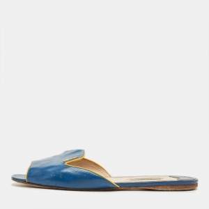 Pre Owned Prada Blue Saffiano Patent Leather Flat Slide Sandals Size 40