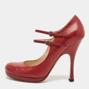 Pre Owned Prada Red Leather Mary Jane Pumps Size 38 