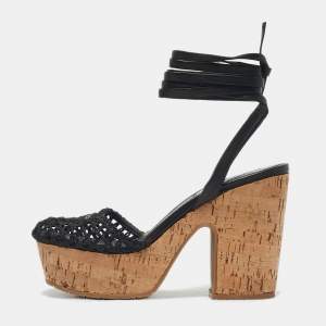 Pre Owned Prada Black Raffia and Leather Cork Ankle Strap Sandals Size 37