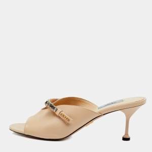 Pre Owned Prada Beige Patent Leather Bow Open Toe Slide Sandals Size 40