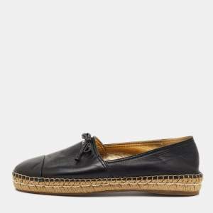 Pre Owned Prada Black Leather Bow Detail Espadrilles Flats Size 38