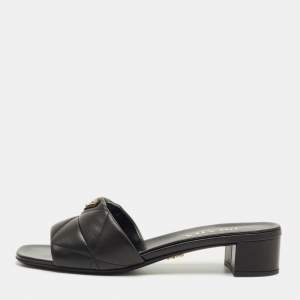 Pre Owned Prada Black Quilted Leather Block Heel Slide Sandals Size 40.5