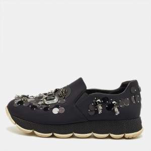 Pre Owned Prada Navy Blue Neoprene Crystal Embellish Slip On Sneakers Size 37