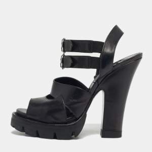 Pre Owned Prada Black Leather Ankle Strap Block Heel Sandals Size 38.5