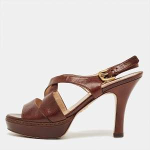 Pre Owned Prada Brown Leather Ankle Strap Sandals Size 36.5
