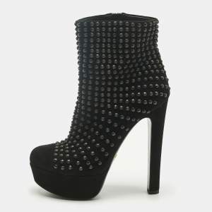 Pre Owned Prada Black Suede Stud Embellish Platform Ankle Length Boots Size 37