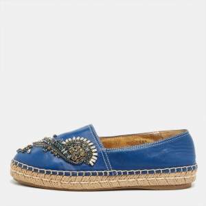 Pre Owned Prada Blue Leather Crystal Embellished Espadrille Flats Size 36.5
