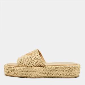 Pre Owned Prada Beige Woven Straw Platform Slide Sandals Size 40
