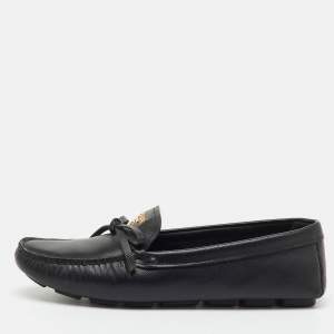 Pre Owned Prada Black Saffiano Leather Logo Bow Slip On Loafers Size 38.5