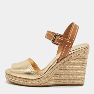 مملوكة مسبقًا Prada Size 40 Gold/Brown Leather Espadrille Wedge Sandals