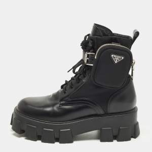 Pre Owned Prada Monolith Size 39 Black Leather and Nylon Combat Boots
