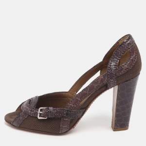 Pre Owned حذاء كعب عالي برادا قماش كانفاس بنفسجي و جلد منقوش مقلّم بمقدمة مفتوحة مقاس 36