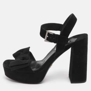Pre Owned Prada Bow Size 39 Black Suede Ankle Strap Platform Sandals