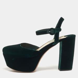Pre Owned Prada Size 40 Green Velvet Platform Ankle Strap Pumps