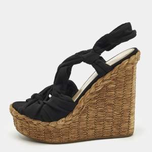 Pre Owned Prada Size 39.5 Black Fabric and Raffia Wedge Sandals
