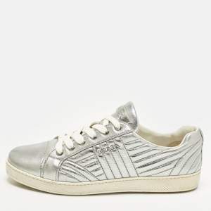 Pre Owned Prada Size 39.5 Silver Diagramme Leather Low Top Sneakers