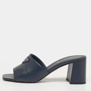 Pre Owned Prada Size 39 Navy Blue Saffiano Leather Slide Sandals