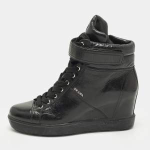 Pre Owned Prada Size 41 Black Leather Wedge Sneakers