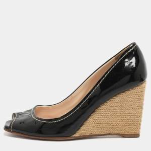 Pre Owned Prada Size 37 Black Patent Leather Wedge Espadrilles Peep Toe Pumps
