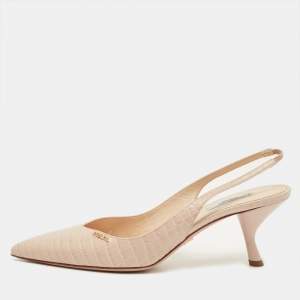 مملوكة مسبقًا Prada Size 41 Cream Croc Embossed Leather Pointed Toe Slingback Pumps
