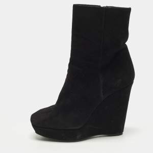 Pre Owned Prada Size 38 Black Suede Wedge Ankle Length Boots