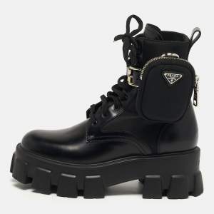 مملوكة مسبقًا Prada Monolith Size 37 Black Leather and Nylon Mid Calf Boots