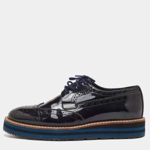 Pre Owned Prada Size 38 Black Brogue Patent Leather Lace Up Platform Derby Sneakers