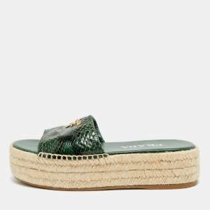 Pre Owned Prada Size 36 Green Python Embossed Leather Platform Espadrille Sandals 