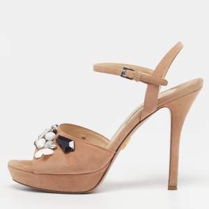 Pre Owned Prada Size 38 Beige Suede Crystal Embellished Ankle Strap Sandals