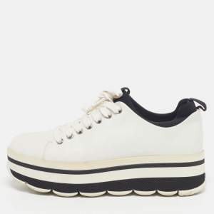 Pre Owned Prada Size 38 White/Black Leather Platform Lace Up Sneakers