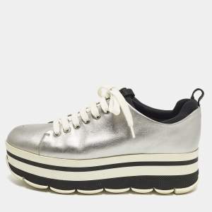 Pre Owned Prada Size 38.5 Silver Leather Platform Lace Up Sneakers