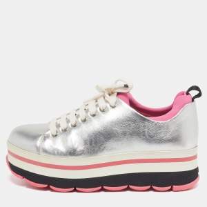 Pre Owned Prada Linea Size 38.5 Silver Leather Platform Lace Up Sneakers