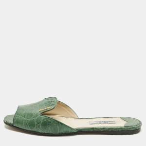Pre Owned Prada Size 36.5 Green Crocodile Leather Flat Slide Sandals