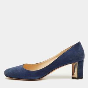 Pre Owned Prada Size 38.5 Blue Suede Round Toe Pumps