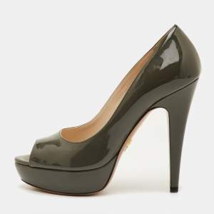 Pre Owned Prada Size 36 Olive Green Patent Leather Peep Toe Platform Pumps