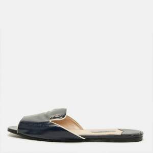 Pre Owned Prada Size 39 Navy Blue Saffiano Leather Flat Slide