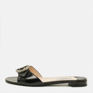 Pre Owned Prada  Size 39.5 Black Patent Saffiano Leather Crystal Embellished Flat Slides