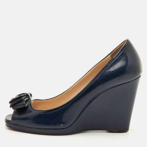 Pre Owned Prada Bow Size 38 Navy Blue Patent Leather Peep Toe Wedge Pumps