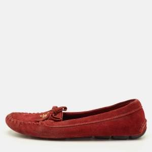 Pre Owned Prada Bow Size 37 Red Suede Slip On Loafers